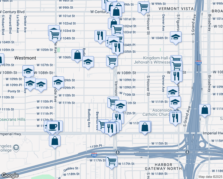 map of restaurants, bars, coffee shops, grocery stores, and more near 1028 1/2 West 109th Place in Los Angeles