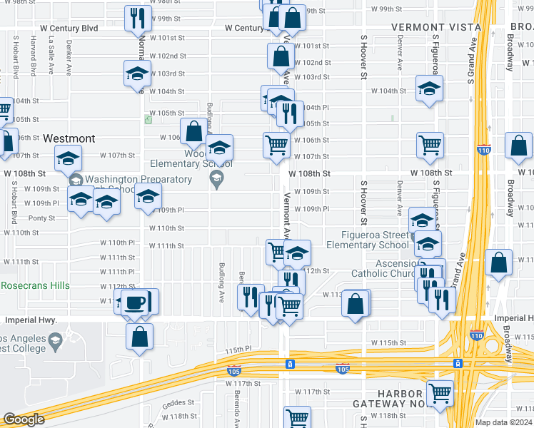 map of restaurants, bars, coffee shops, grocery stores, and more near 1028 1/2 West 109th Place in Los Angeles