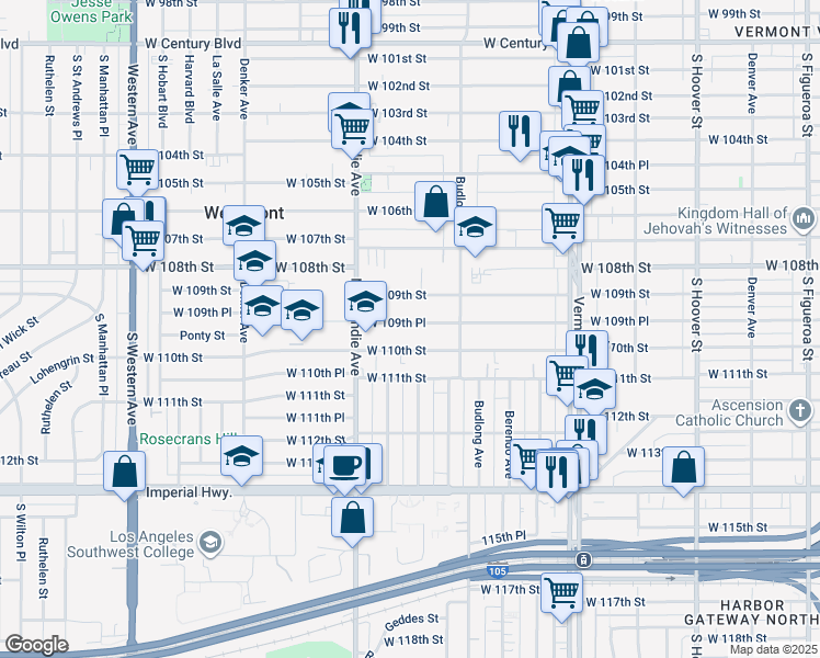 map of restaurants, bars, coffee shops, grocery stores, and more near 1233 West 110th Street in Los Angeles