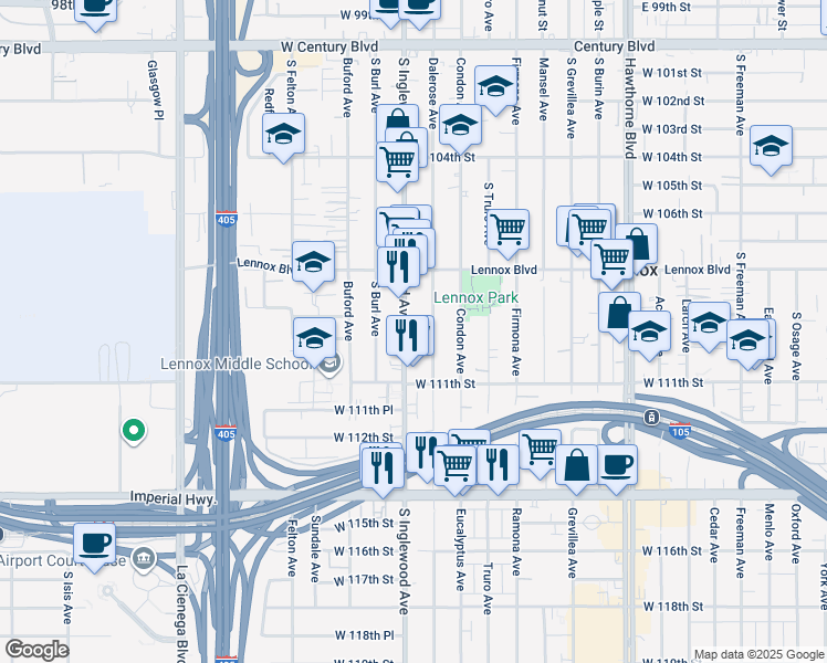 map of restaurants, bars, coffee shops, grocery stores, and more near 10937 Dalerose Avenue in Lennox