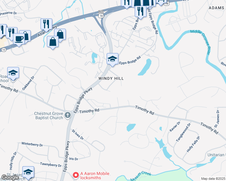 map of restaurants, bars, coffee shops, grocery stores, and more near 160 Windy Hill Place in Athens