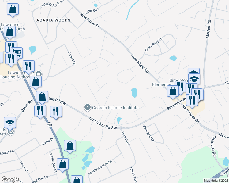 map of restaurants, bars, coffee shops, grocery stores, and more near 36 Springcrest Trail in Lawrenceville