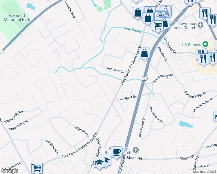 map of restaurants, bars, coffee shops, grocery stores, and more near 265 Sanctuary Drive in Lawrenceville