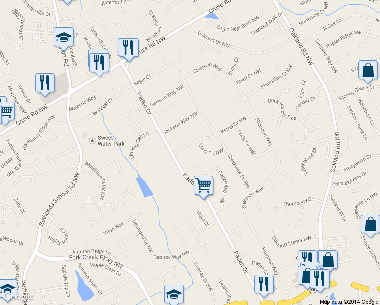 map of restaurants, bars, coffee shops, grocery stores, and more near 710 Paden Mill Trail in Lawrenceville