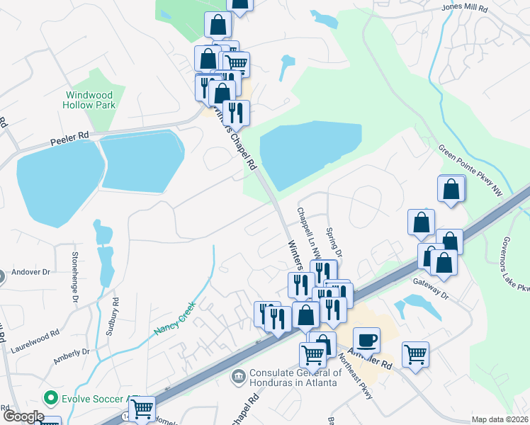 map of restaurants, bars, coffee shops, grocery stores, and more near 2909 Winterhaven Court in Atlanta