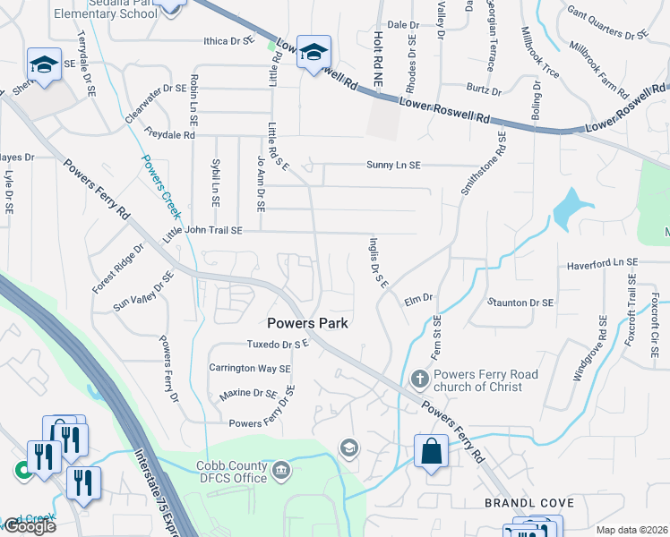 map of restaurants, bars, coffee shops, grocery stores, and more near 515 Stepney Court Southeast in Marietta