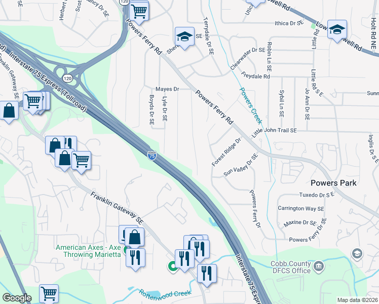 map of restaurants, bars, coffee shops, grocery stores, and more near 970 Oriole Lane South East in Marietta