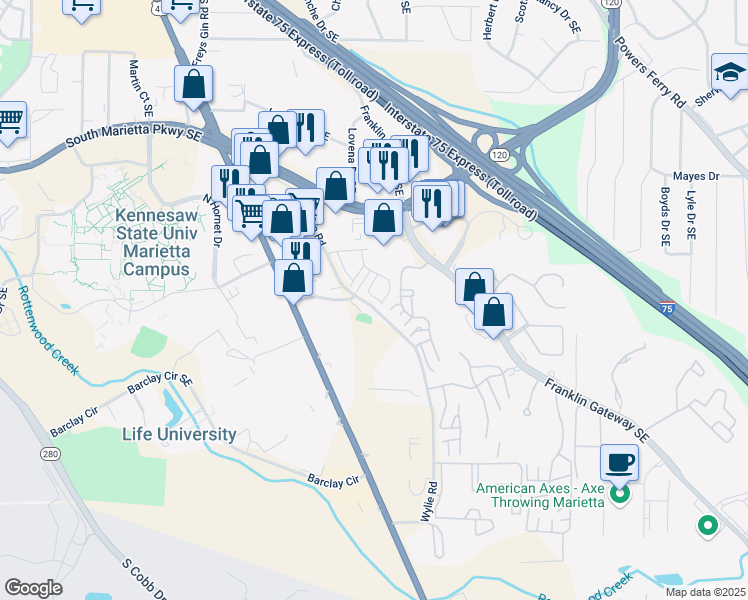 map of restaurants, bars, coffee shops, grocery stores, and more near 967 Allegro Park in Marietta