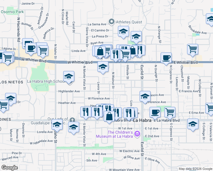 map of restaurants, bars, coffee shops, grocery stores, and more near 510 West Greenwood Avenue in La Habra