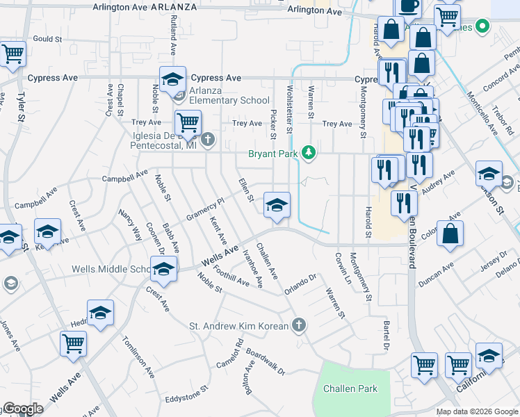 map of restaurants, bars, coffee shops, grocery stores, and more near 5355 Ellen Street in Riverside