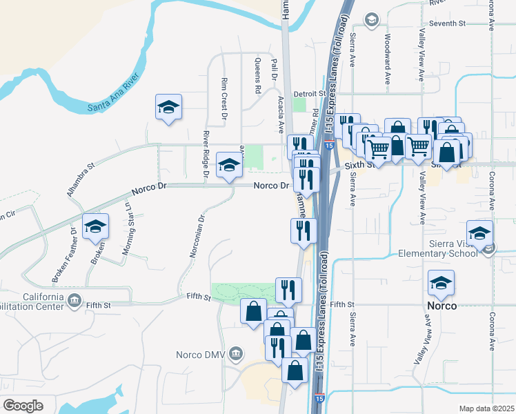 map of restaurants, bars, coffee shops, grocery stores, and more near in Norco