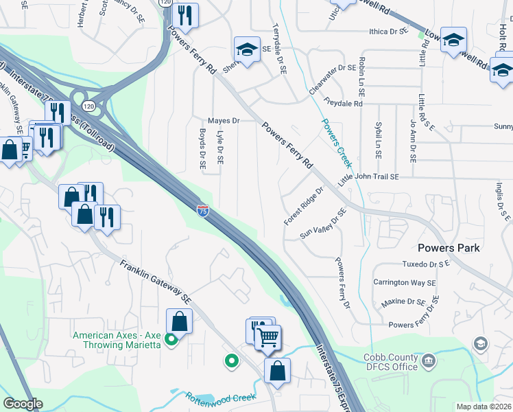 map of restaurants, bars, coffee shops, grocery stores, and more near 970 Oriole Lane South East in Marietta