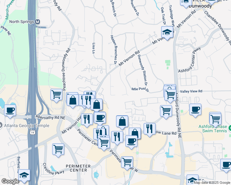 map of restaurants, bars, coffee shops, grocery stores, and more near 4715 Layfield Drive in Dunwoody