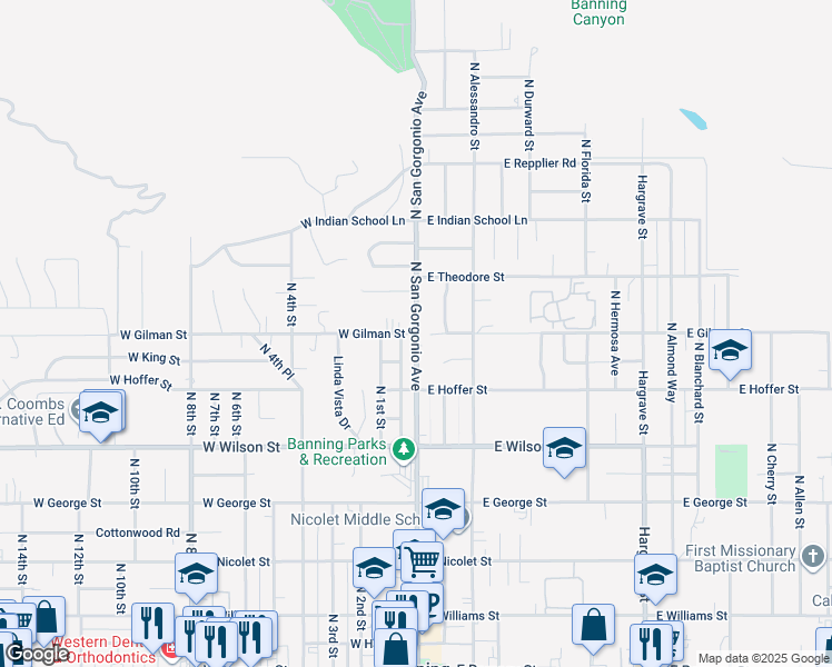 map of restaurants, bars, coffee shops, grocery stores, and more near 2 West Gilman Street in Banning
