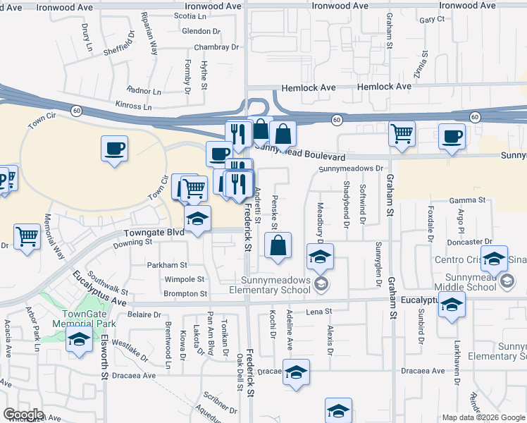 map of restaurants, bars, coffee shops, grocery stores, and more near 12691 Andretti Street in Moreno Valley