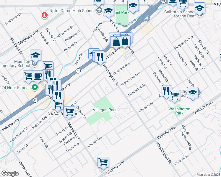 map of restaurants, bars, coffee shops, grocery stores, and more near 7143 Marguerita Avenue in Riverside