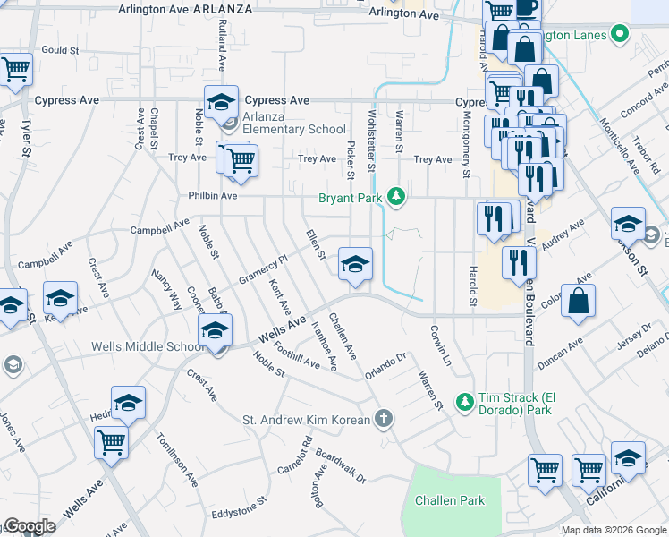 map of restaurants, bars, coffee shops, grocery stores, and more near 5355 Ellen Street in Riverside