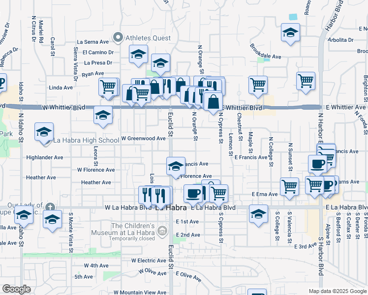 map of restaurants, bars, coffee shops, grocery stores, and more near 151 East Rose Avenue in La Habra