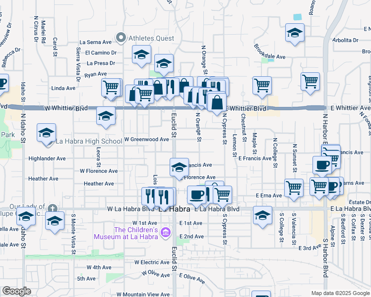 map of restaurants, bars, coffee shops, grocery stores, and more near 151 East Rose Avenue in La Habra