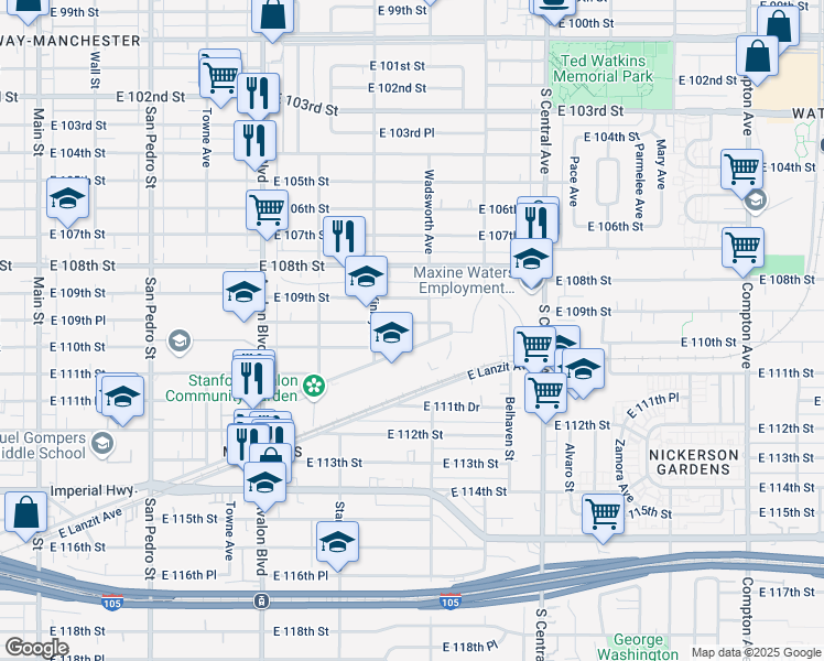 map of restaurants, bars, coffee shops, grocery stores, and more near 822 East 109th Place in Los Angeles