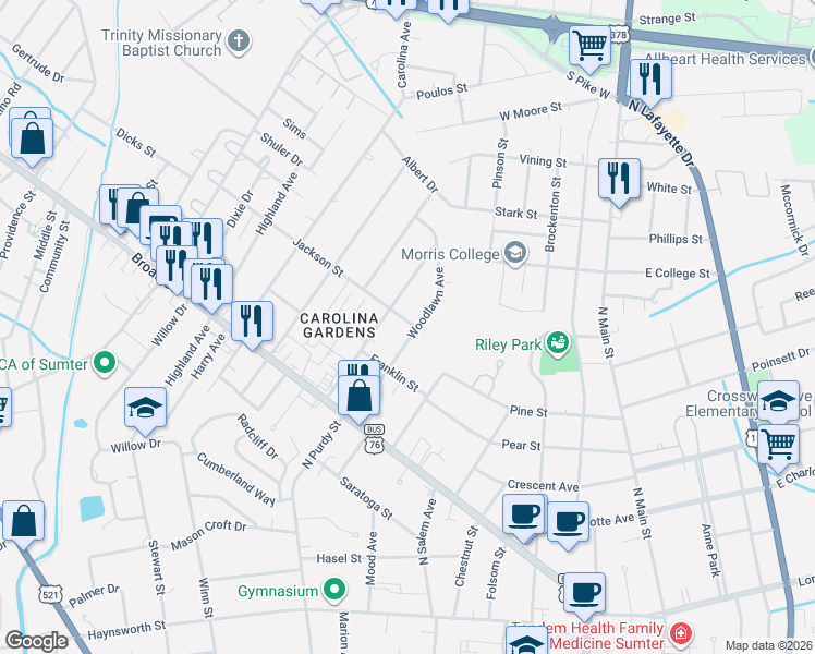 map of restaurants, bars, coffee shops, grocery stores, and more near 45 Morgan Avenue in Sumter