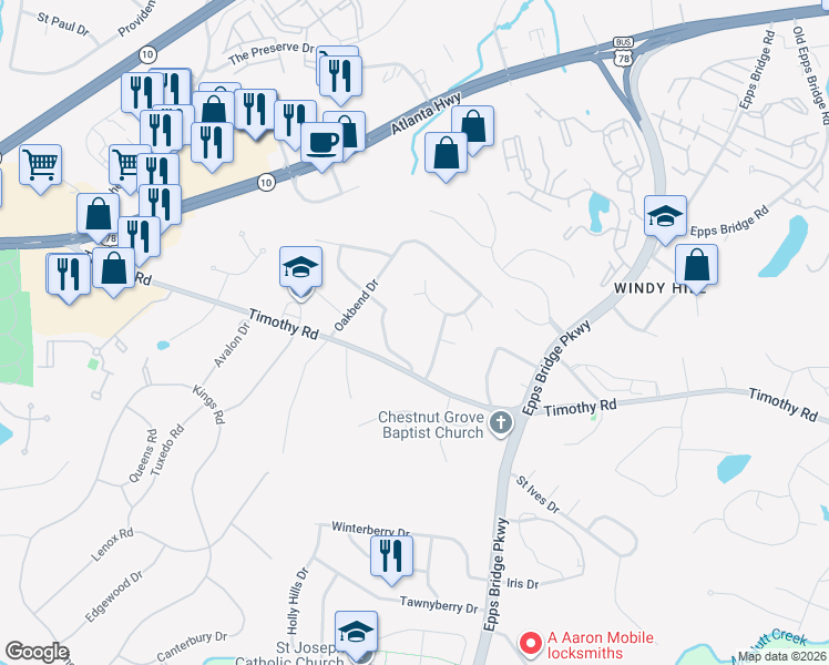 map of restaurants, bars, coffee shops, grocery stores, and more near 120 Benjamin Drive in Athens