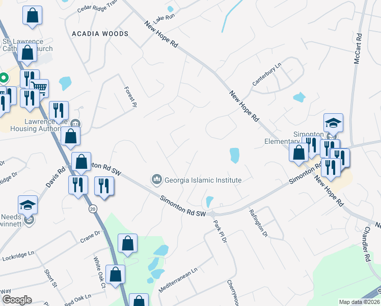 map of restaurants, bars, coffee shops, grocery stores, and more near 36 Springcrest Trail in Lawrenceville