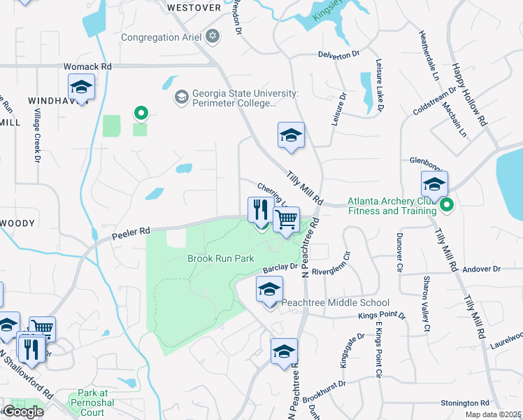 map of restaurants, bars, coffee shops, grocery stores, and more near 2368 Peeler Road in Dunwoody