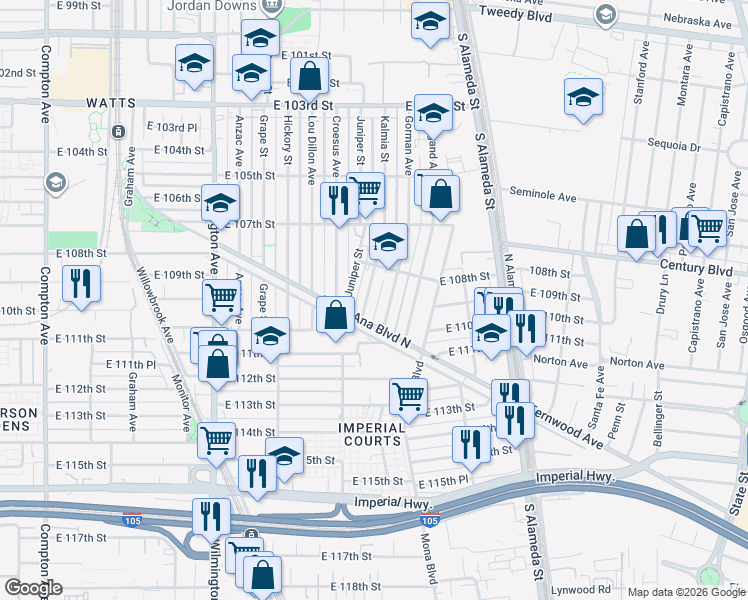 map of restaurants, bars, coffee shops, grocery stores, and more near 10844 Gorman Avenue in Los Angeles