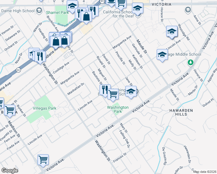 map of restaurants, bars, coffee shops, grocery stores, and more near 2894 Miguel Street in Riverside