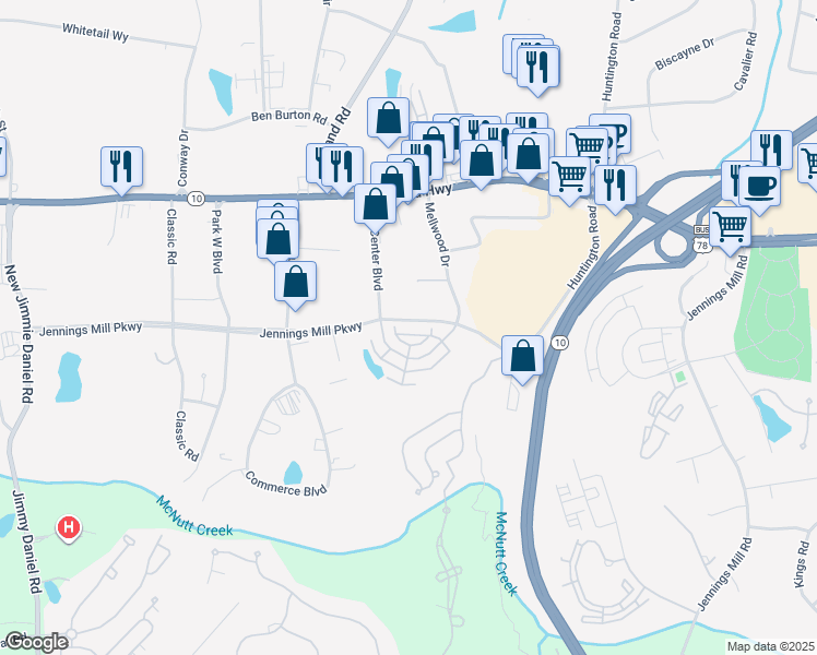 map of restaurants, bars, coffee shops, grocery stores, and more near 355 Jennings Mill Parkway in Athens