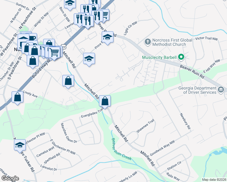 map of restaurants, bars, coffee shops, grocery stores, and more near 5571 Everglades Trail in Norcross