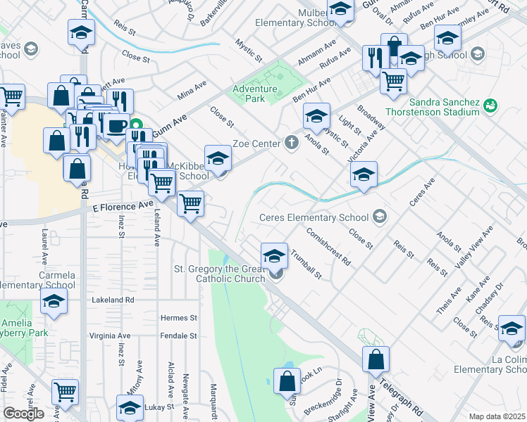 map of restaurants, bars, coffee shops, grocery stores, and more near 10558 Cantrell Avenue in Whittier