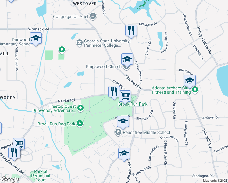 map of restaurants, bars, coffee shops, grocery stores, and more near 2384 Peeler Road in Dunwoody