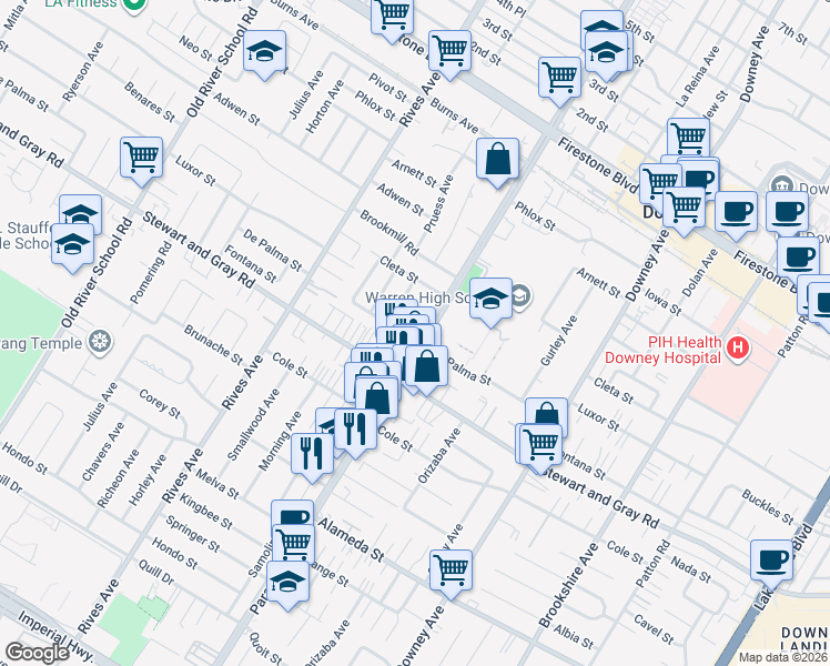 map of restaurants, bars, coffee shops, grocery stores, and more near 7985 De Palma Street in Downey