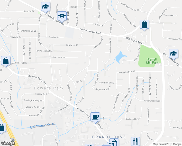 map of restaurants, bars, coffee shops, grocery stores, and more near 640 Arlington Terrace in Marietta