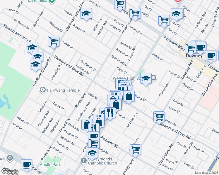 map of restaurants, bars, coffee shops, grocery stores, and more near 7901 Stewart and Gray Road in Downey