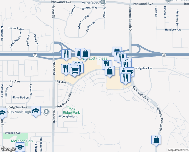 map of restaurants, bars, coffee shops, grocery stores, and more near 27377 Caprock Way in Moreno Valley