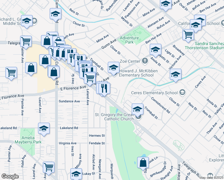 map of restaurants, bars, coffee shops, grocery stores, and more near 13679 Telegraph Road in Whittier