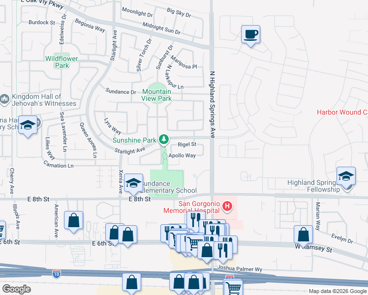 map of restaurants, bars, coffee shops, grocery stores, and more near 1652 Apollo Way in Beaumont