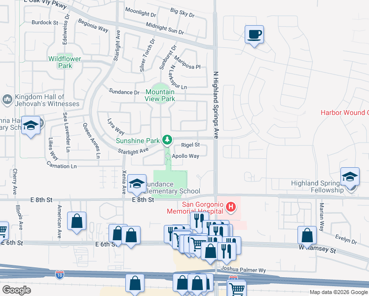 map of restaurants, bars, coffee shops, grocery stores, and more near 1652 Apollo Way in Beaumont