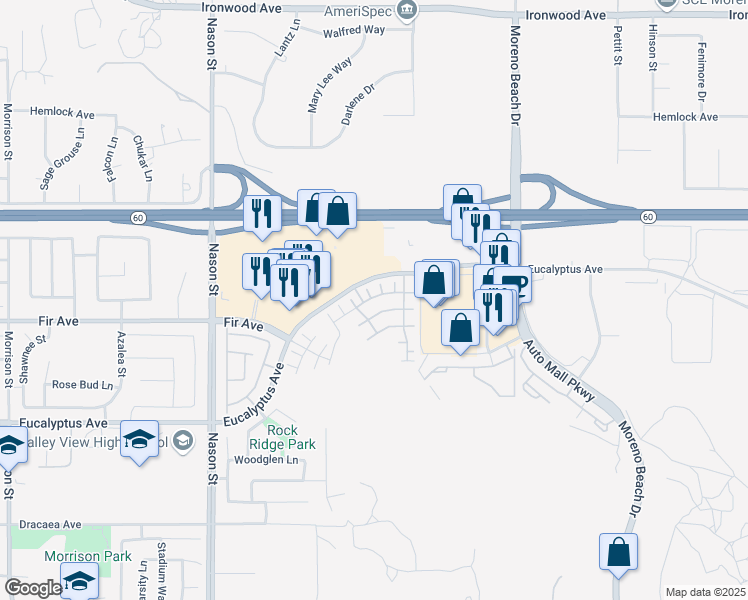 map of restaurants, bars, coffee shops, grocery stores, and more near 27377 Caprock Way in Moreno Valley