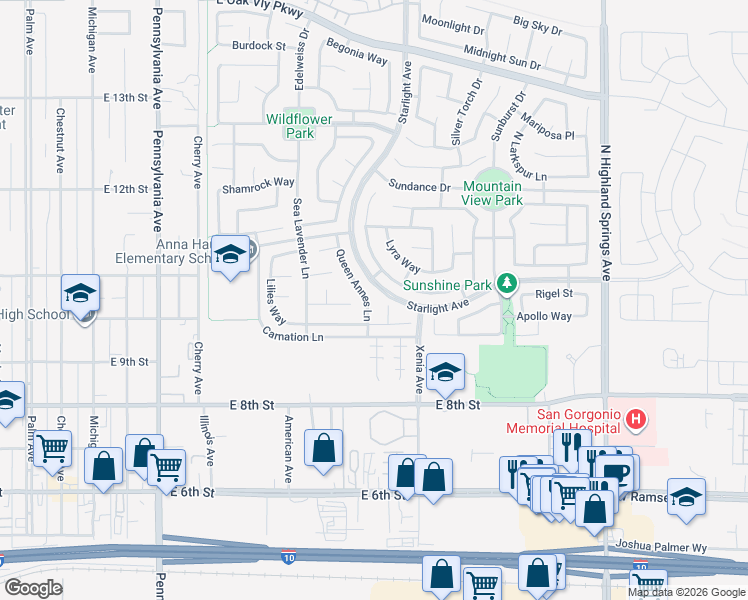 map of restaurants, bars, coffee shops, grocery stores, and more near 959 Dahlia Place in Beaumont