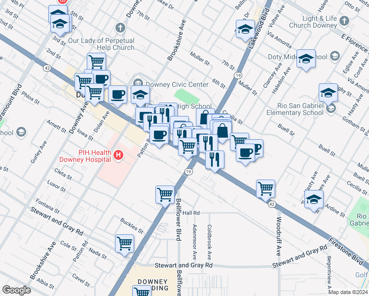 map of restaurants, bars, coffee shops, grocery stores, and more near 8737 Firestone Boulevard in Downey