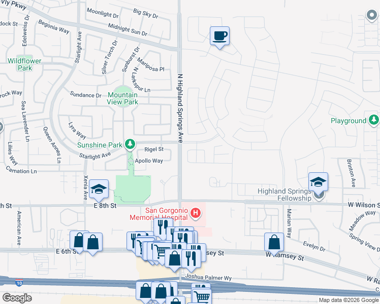 map of restaurants, bars, coffee shops, grocery stores, and more near 6329 Botanic Road in Banning