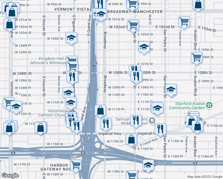 map of restaurants, bars, coffee shops, grocery stores, and more near 10964 South Broadway in Los Angeles