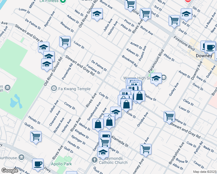 map of restaurants, bars, coffee shops, grocery stores, and more near 7830 Stewart and Gray Road in Downey
