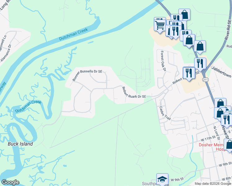 map of restaurants, bars, coffee shops, grocery stores, and more near 1001 Fairley Street Northeast in Southport