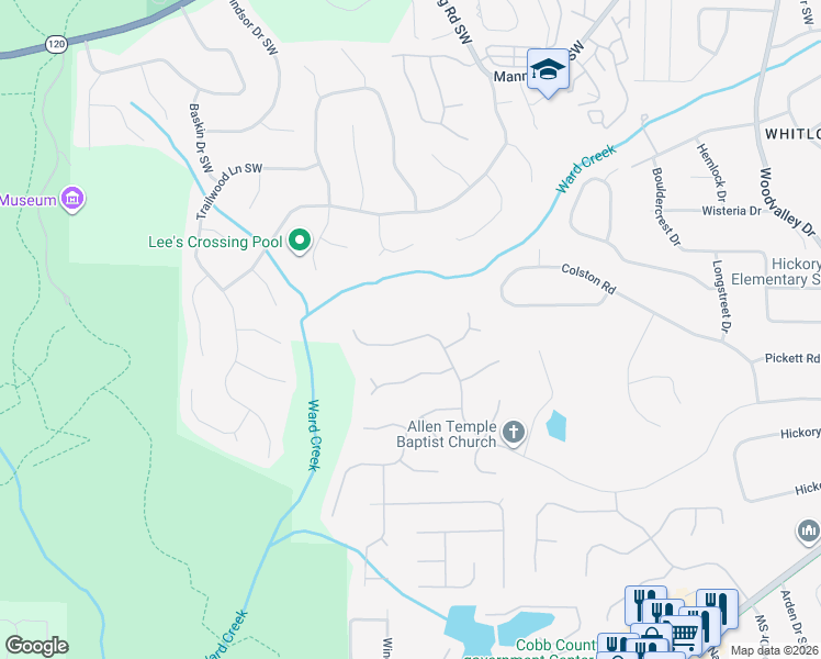 map of restaurants, bars, coffee shops, grocery stores, and more near 998 Chestnut Hill Road Southwest in Marietta