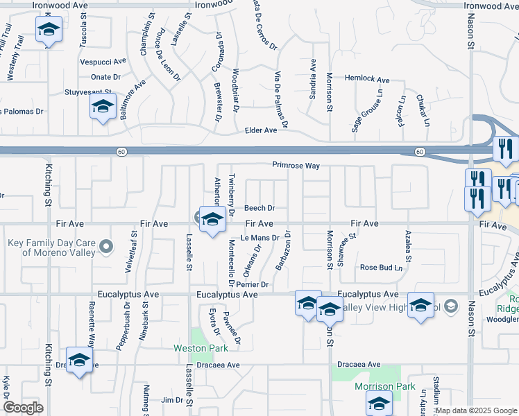 map of restaurants, bars, coffee shops, grocery stores, and more near Beech Drive in Moreno Valley
